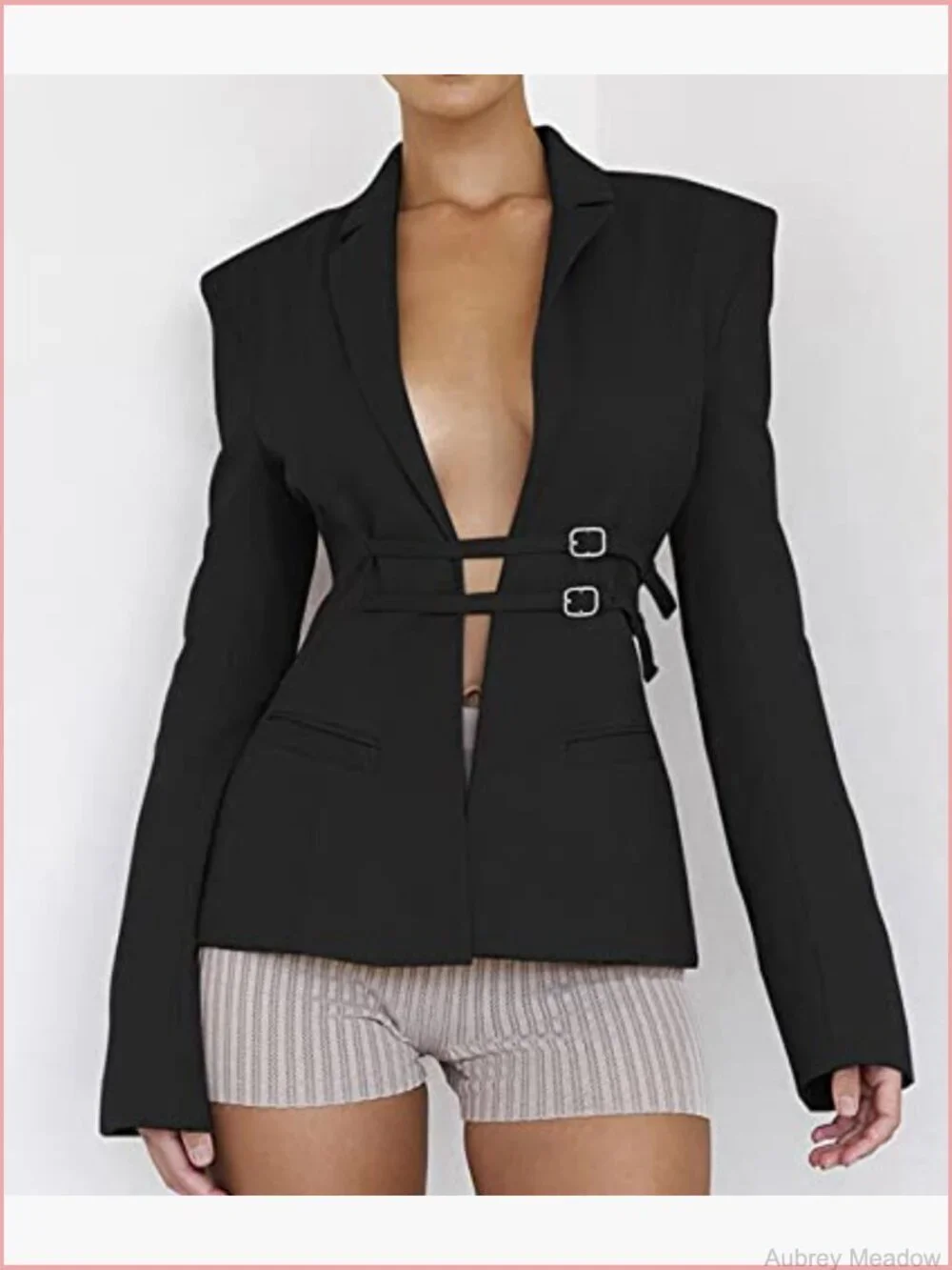 Women's Long Sleeve Blazer Coat Notch Lapel Padded Shoulder Buckle Belt Open
